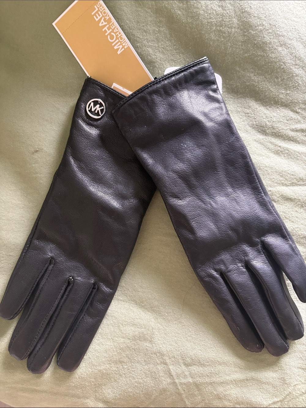 Michael Kors Black Leather Logo Cuff Gloves- Brand New with tags